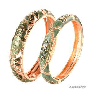 Vintage Cloisonne Enamel Rhinestone Rose Hinged Cuff Bracelet Set